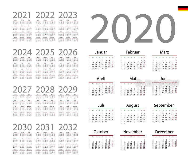 German Calendar for 2020. Week starts on Monday